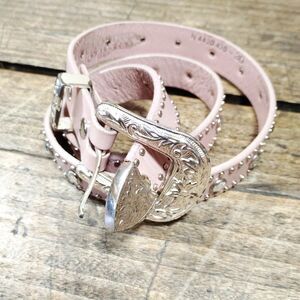 Nocona Pink Western Cowgirl Leather Belt 35" Studded Silver Tone Ornate Rodeo